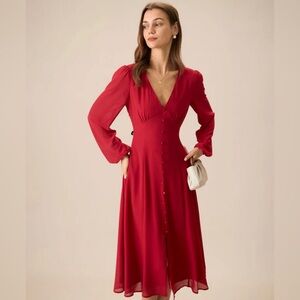 NWT RIHOAS Women's Red V-Neck Puff Sleeve Slit Midi Dress Sz L